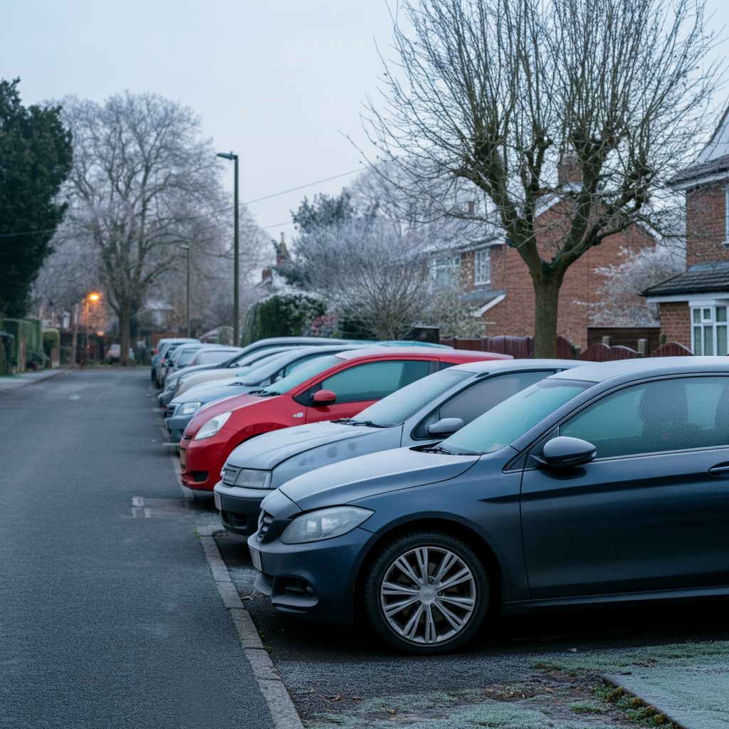Cars parked on a street in winter in Hull
