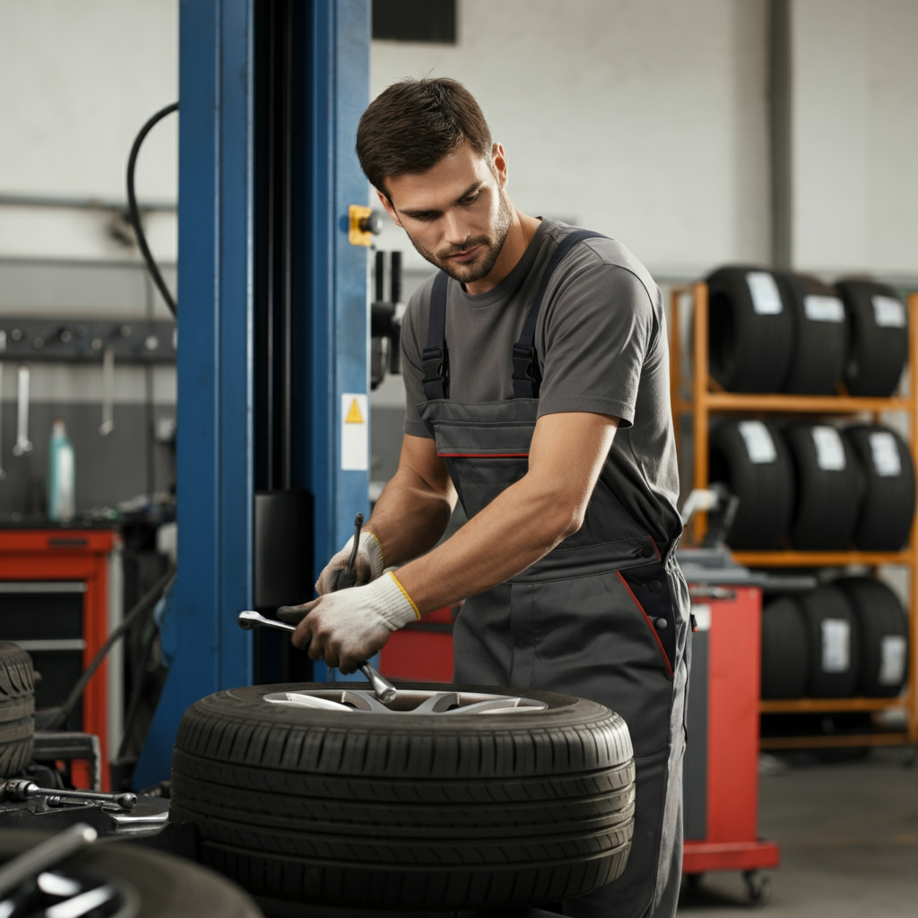 Man in garage checking car tyre in garage