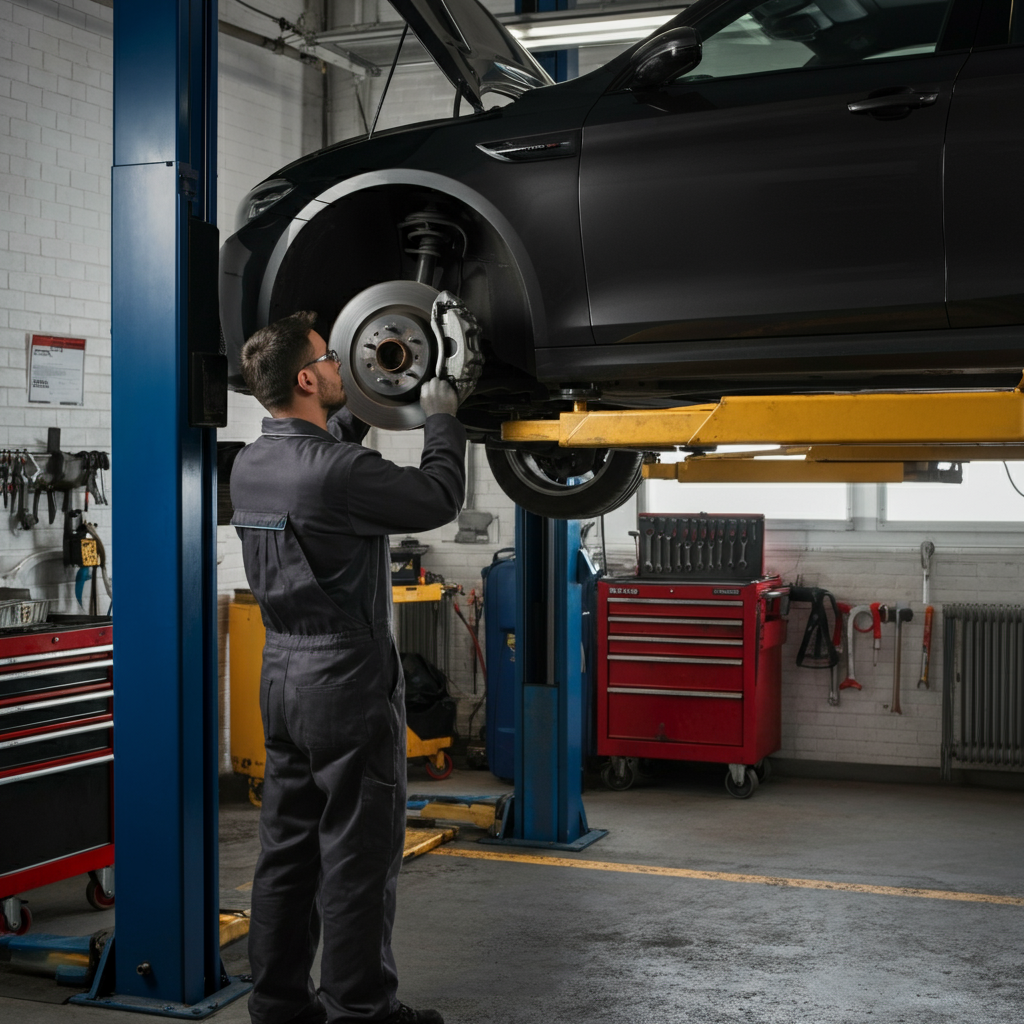 Mechanic checking car breaks in Hull garage
