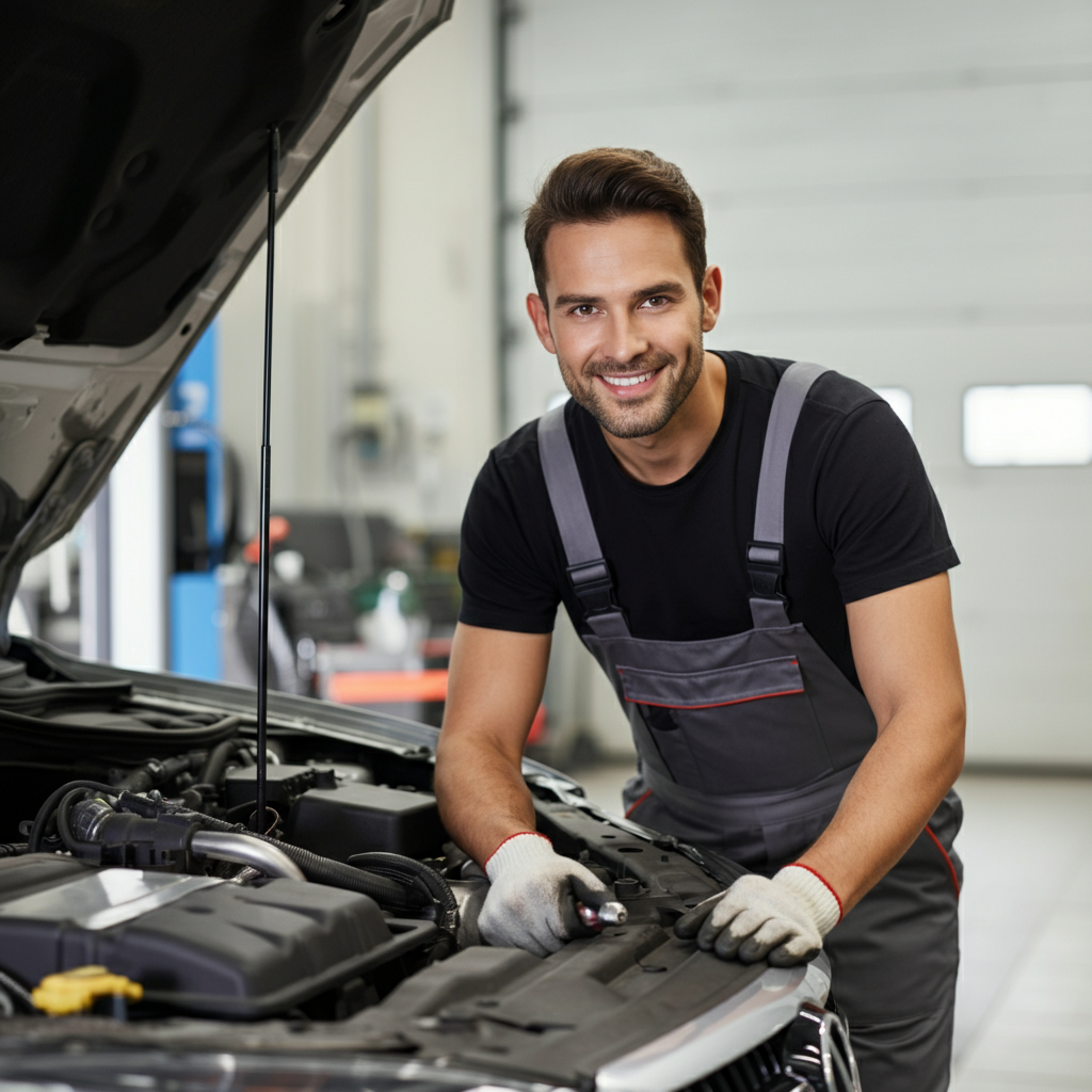 Mechanic servicing a car in Hull garage