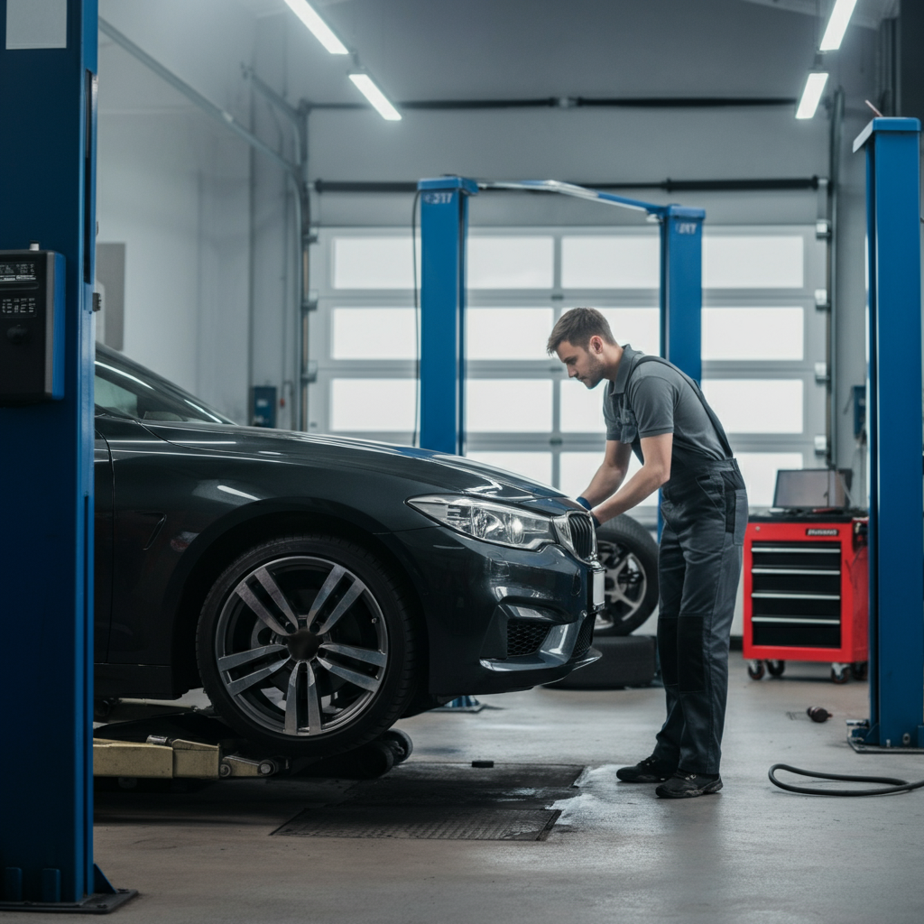 Car tyres being changed in hull garage