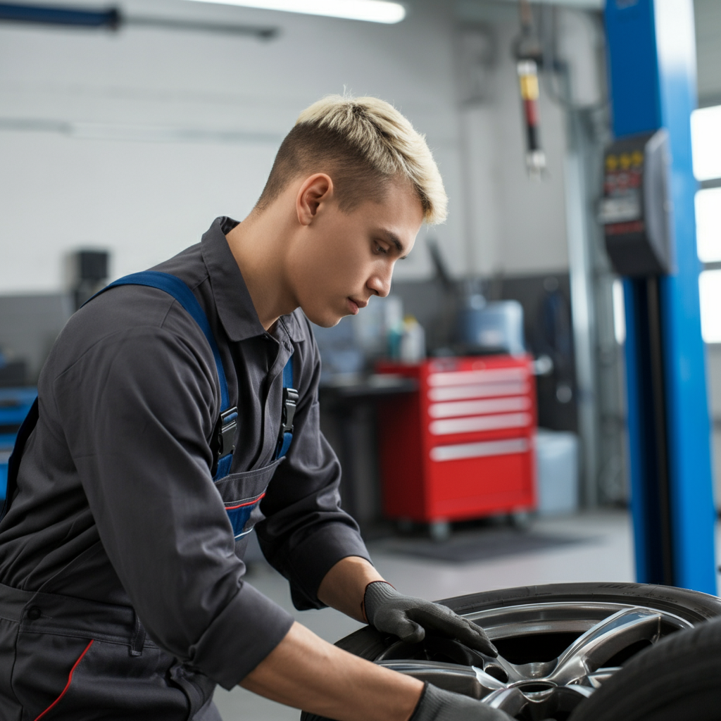 tyre alignment Hull being performed by mechanic in garage