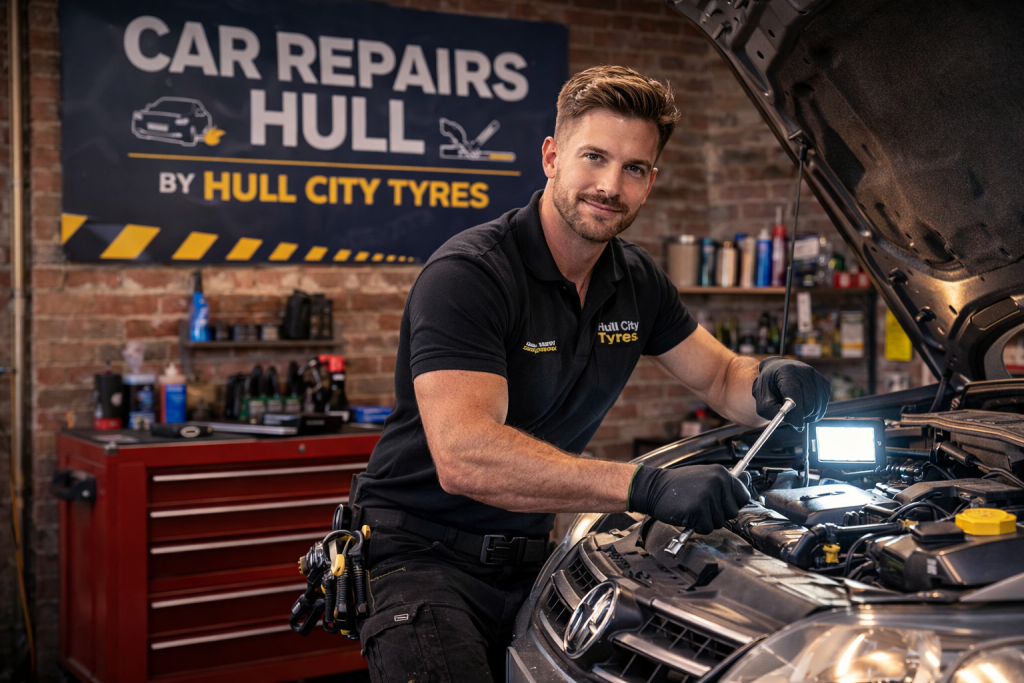 Car repairs Hull poster in background of hull city tyres with a mechanic fixing car