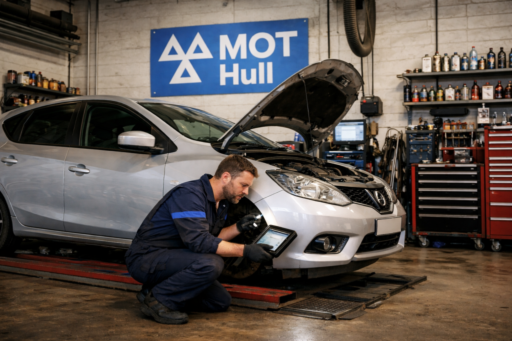 Hull Garage mechanic performing an MOT on car